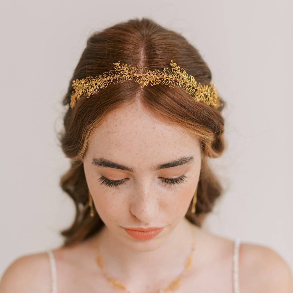 Golden wedding headpiece emebellished with handmade leaves by Judith Brown Bridal
