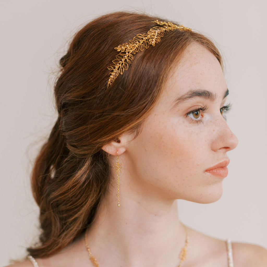 Side view of Ornella gold wedding headpiece