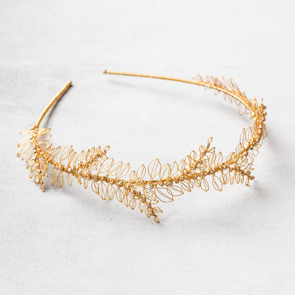 Golden wedding headpiece emebellished with handmade leaves by Judith Brown Bridal