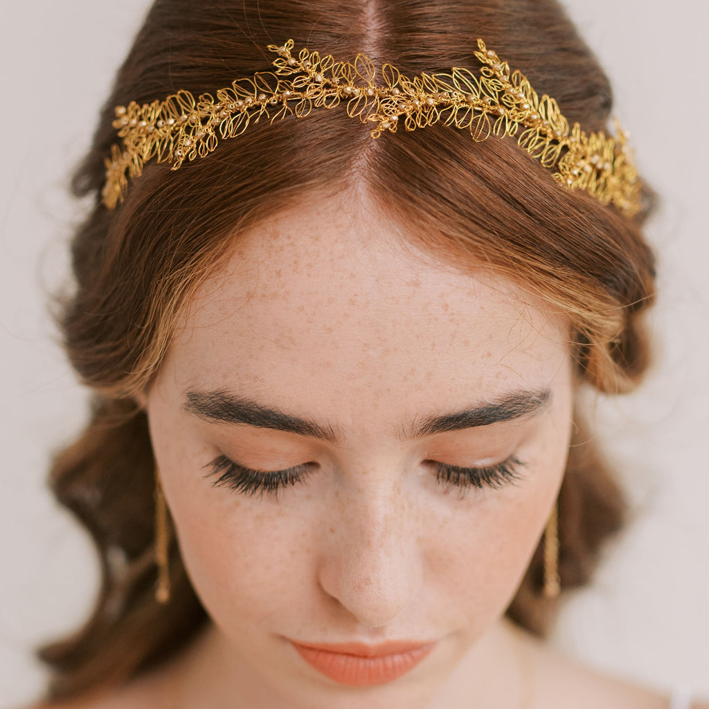 wedding headband in gold wire with leaves by Judith Brown Bridal