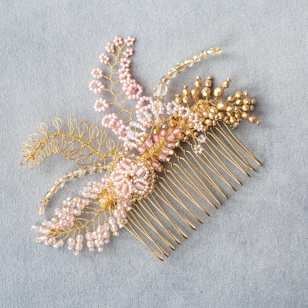 Delcated wedding hair accessory in blush and gold by Judith Brown Bridal