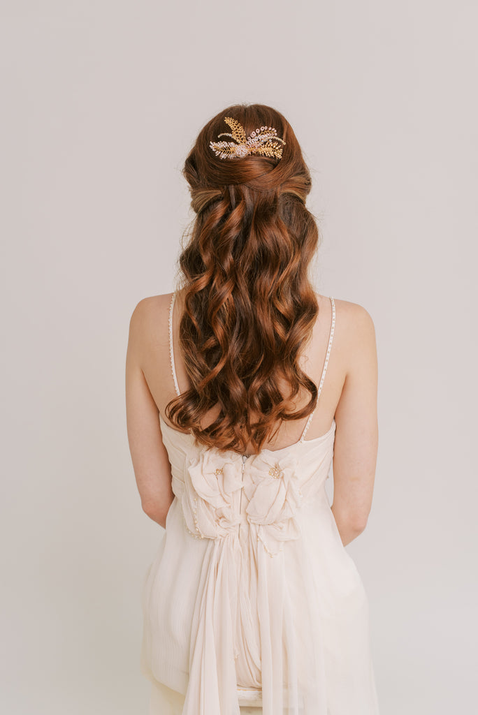 nature inspired wedding hair comb in blush and gold by Judith Brown