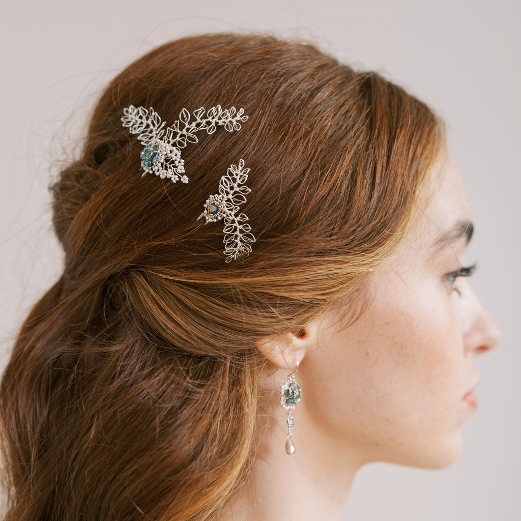 Silver and blue wire and bead wedding hair pins by Judith Brown Bridal